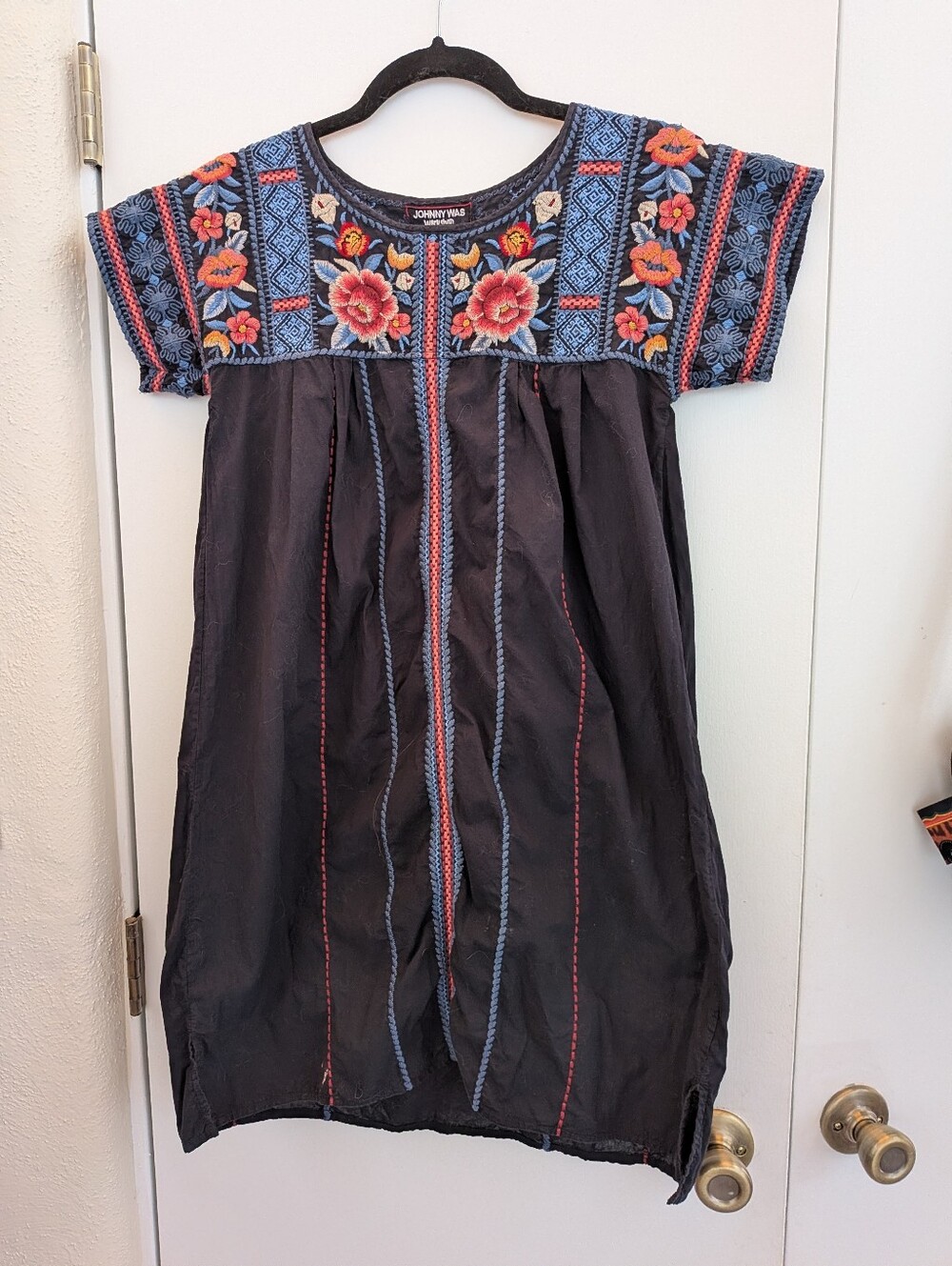 Embroidered Black Johnny Was Tunic Mini-Dress Fantastic Condition S 100% Cotton